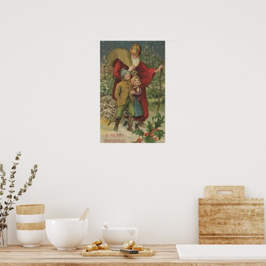 Kerstmis: Kerstman met Kinderen Poster (Keuken)
