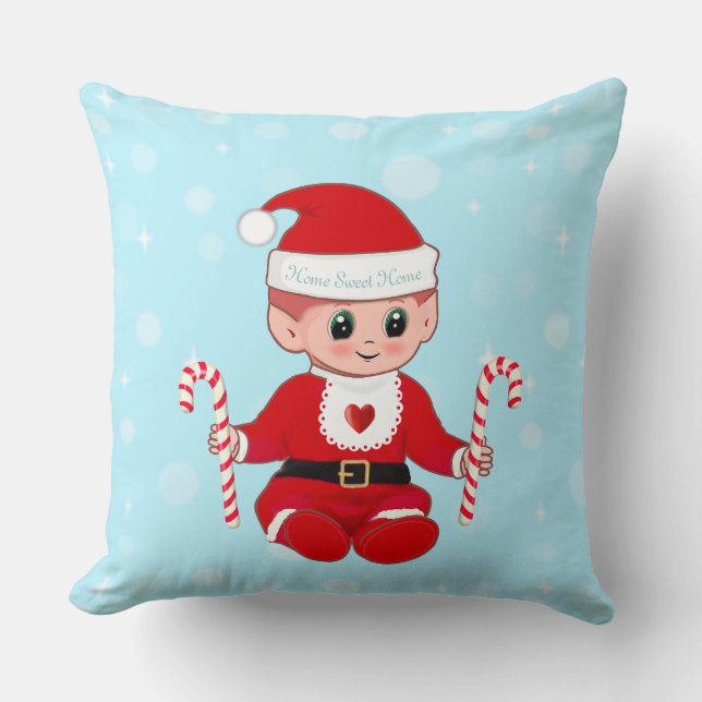 Kerstmis Kerstmannetje & Kerststokken op Lichtblau Kussen (Voorkant)