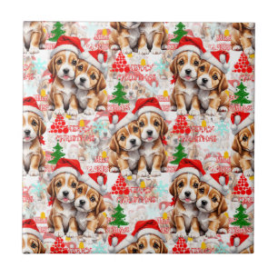 Kerstmis Kerstmuts Hond Puppy Ontwerp - Wit Tegeltje