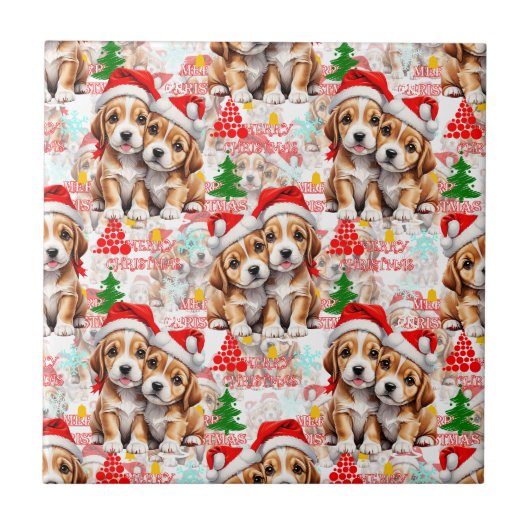 Kerstmis Kerstmuts Hond Puppy Ontwerp - Wit Tegeltje (Voorkant)