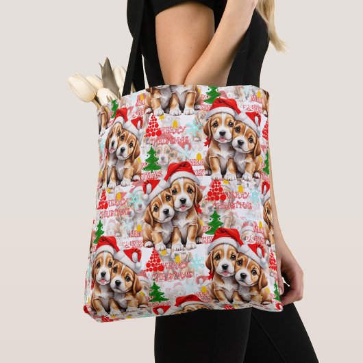 Kerstmis Kerstmuts Hond Puppy Ontwerp - Wit Tote Bag