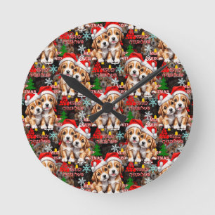 Kerstmis Kerstmuts Hond Puppy Ontwerp - Zwart Ronde Klok