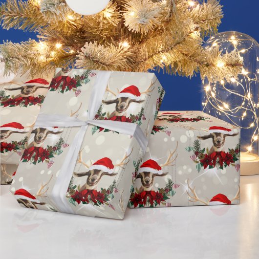 Kerstmis Kind Goat Poinsettia Wreath Cadeaupapier (Feestdagen)