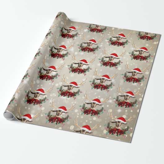 Kerstmis Kind Goat Poinsettia Wreath Cadeaupapier (Uitgerold)