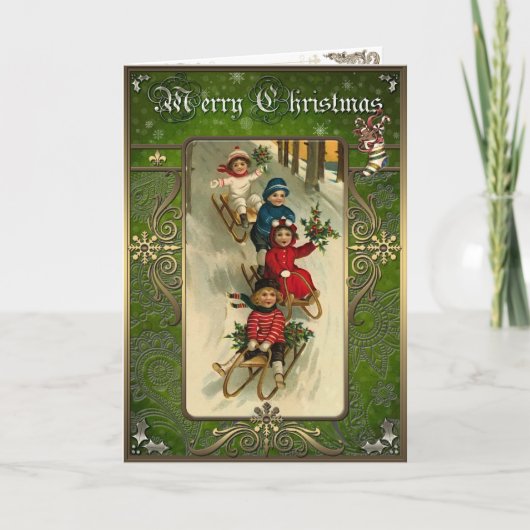 Kerstmis - Kinderen gaan de heuvel op een slede om Feestdagen Kaart (Voorkant)