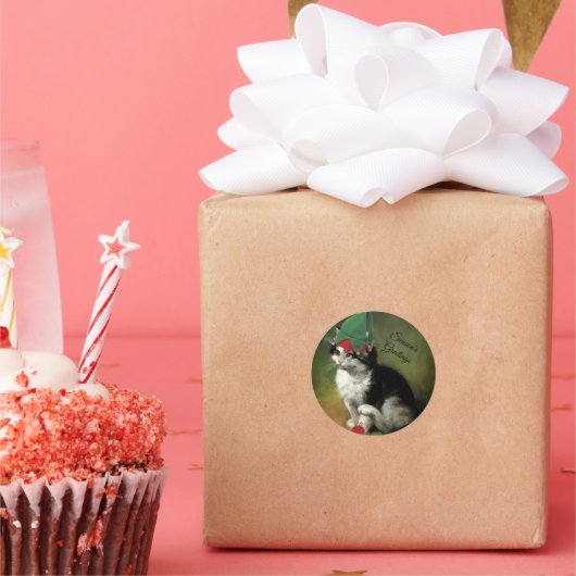 Kerstmis Kitten - Groeten van het seizoen Ronde Sticker (Feest)