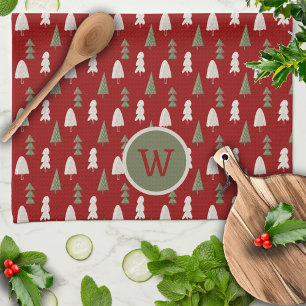 Kerstmis klassieke bomen aangepaste monogram rood theedoek