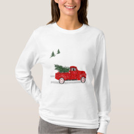 Kerstmis, kleine rode vrachtwagen, lange hoes Dame T-shirt