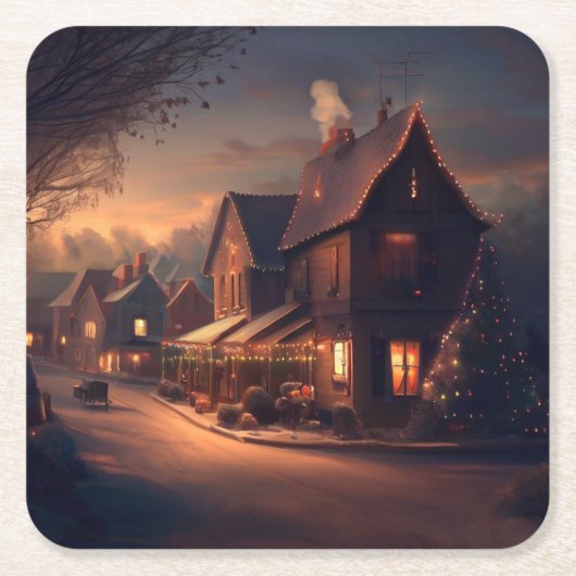 Kerstmis kleine stad 6 kartonnen onderzetters (Voorkant)