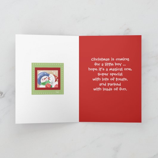 Kerstmis, kleinzoon. Schattigee sneeuwman en puppy Feestdagen Kaart (Binnen)