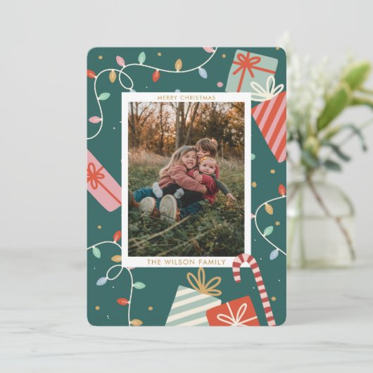 Kerstmis Kleurrijke Lichte Familie Foto Vakantie Feestdagenkaart (Staand voorkant)