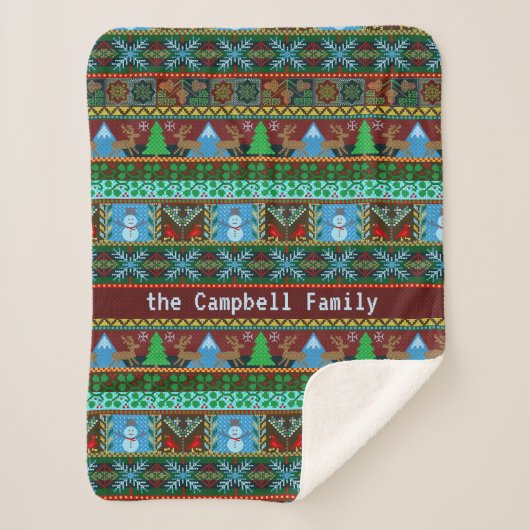 Kerstmis: Knit Snowmen Reindeer | Familienaam Sherpa Deken (Voorkant)