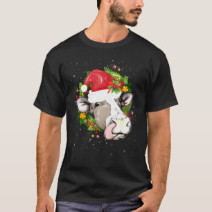 Kerstmis Koe Hoofd Krans Koe Draagt Santa Hoed T-shirt