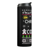 Kerstmis komt lelijke kersttrui thermosbeker (Gedraaid links)