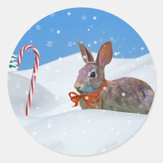 Kerstmis, Konijn, Sneeuw, Suikerstokken Ronde Sticker (Voorkant)
