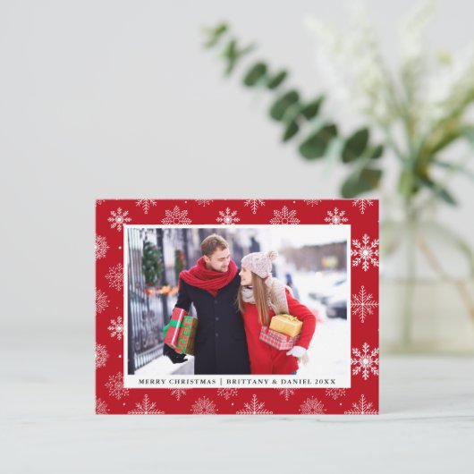 Kerstmis Koppel Foto Sneeuwvlokken Rood Feestdagenkaart (Staand voorkant)