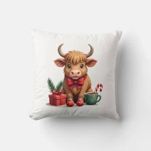 Kerstmis Kortharige Hoogland Koe met Strik Cadeau Kussen