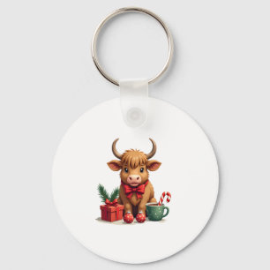 Kerstmis Kortharige Hoogland Koe met Strik Cadeau  Sleutelhanger