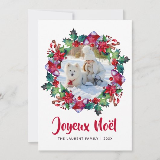 Kerstmis Kous Bloemengirlande Foto Feestdagenkaart (Voorkant)