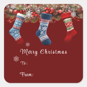 Kerstmis Kousen Dennenkegel Guirlande   Vierkante Sticker