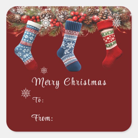 Kerstmis Kousen Dennenkegel Guirlande   Vierkante Sticker (Voorkant)
