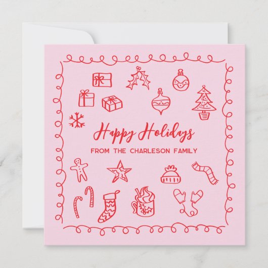 Kerstmis Krabbel Doodle Rood en Roze Kaart (Voorkant)