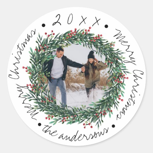  Kerstmis Krans Rode Bessen Naam Foto Ronde Sticker (Voorkant)