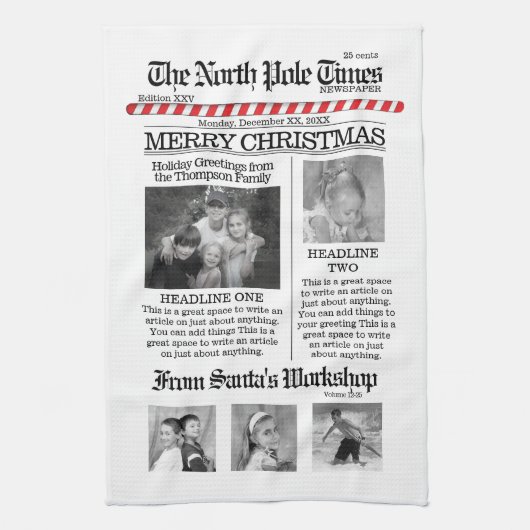 Kerstmis, krant North Pole Times Theedoek (Verticaal)