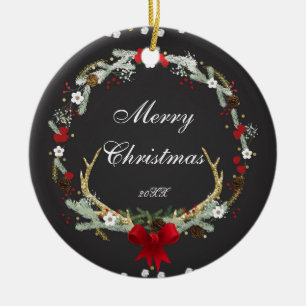 Kerstmis Kranz met een Rustieke Herten Gewei Uitst Keramisch Ornament