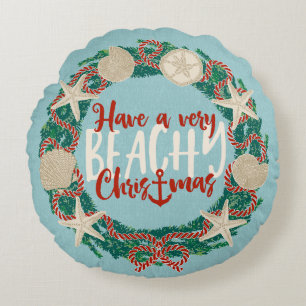 Kerstmis Kust Tropische Zee Schelp Krans -Aqua Rond Kussen