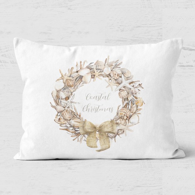 Kerstmis Kust Zeeschelpen Krans Vakantie Accent Kussen (Seashell Wreath Coastal Christmas Pillow)