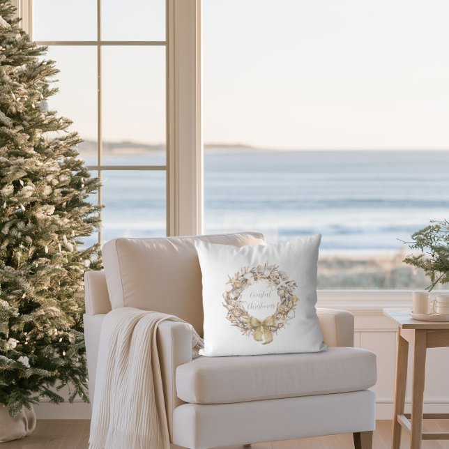 Kerstmis Kust Zeeschelpen Krans Vakantie Kussen (Seashell Wreath Coastal Christmas Pillow)