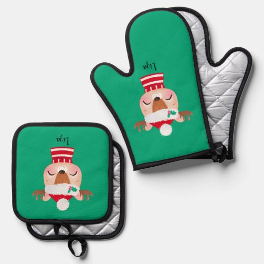 Kerstmis lachend rendiergezicht ovenwant & pannenlap set (Voorkant / Achterkant)