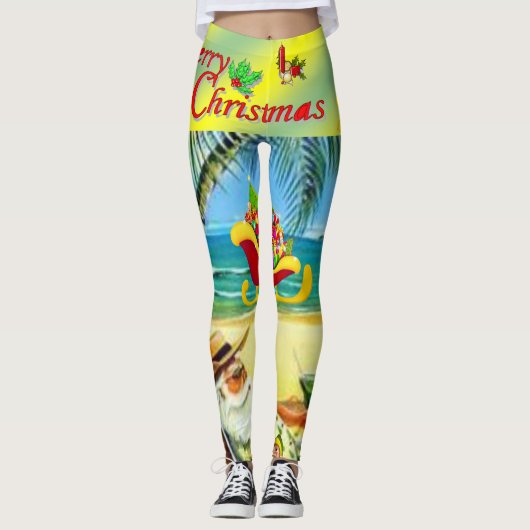 Kerstmis Leggings, Strand Bum Santa Leggings (Voorkant)