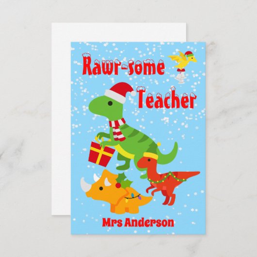 Kerstmis Lerarendag Kinderen Dinosaur Platte Vlakk Bedankkaart (Voorkant / Achterkant)