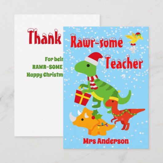 Kerstmis Leraressen Waardering Kinderen Dinosaurus Bedankkaart (Voorkant / Achterkant)