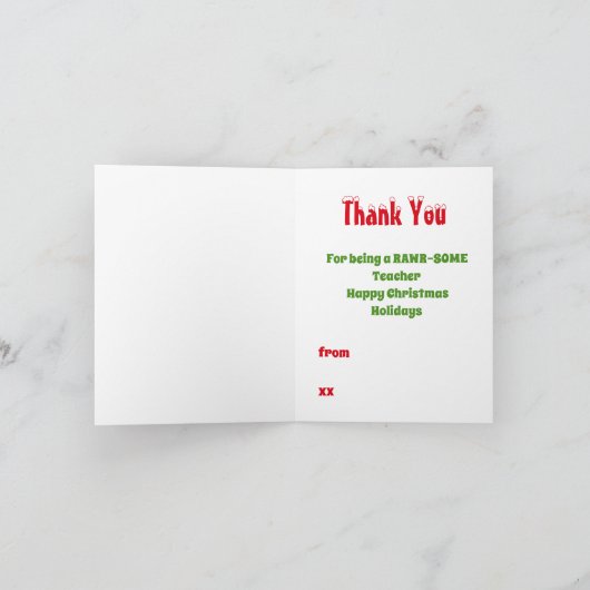 Kerstmis Leraressen Waardering Kinderen Dinosaurus Bedankkaart (Binnen)