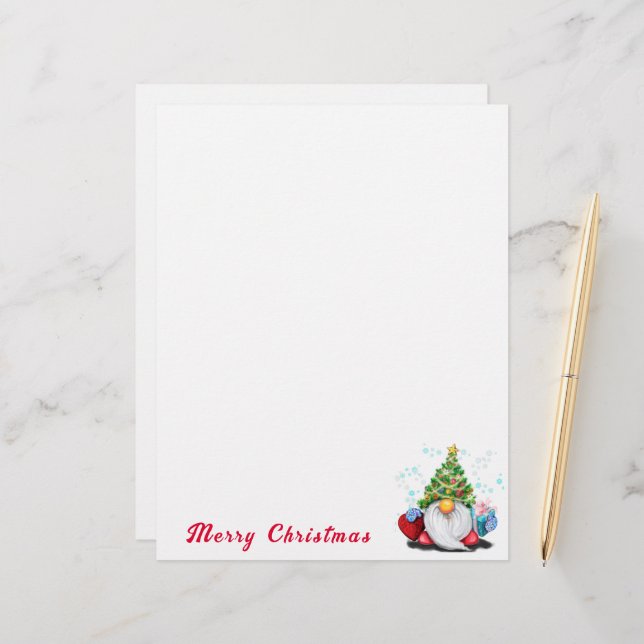 Kerstmis Letterhead Schattige Gnome met Gift Briefhoofd (Voorkant / Achterkant in situ)