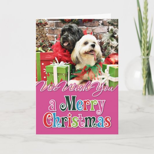 Kerstmis - Lhasa Apso - Klaver en Elf Feestdagen Kaart (Voorkant)