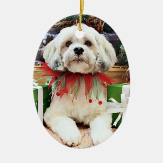 Kerstmis - Lhasa Apso - Muffie Keramisch Ornament (Voorkant)