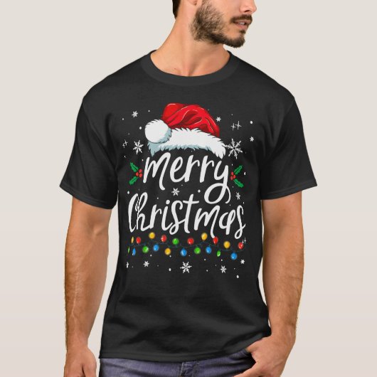 Kerstmis Lichtjes Rode Kerstman Muts Kerstmis Fami T-shirt (Voorkant)