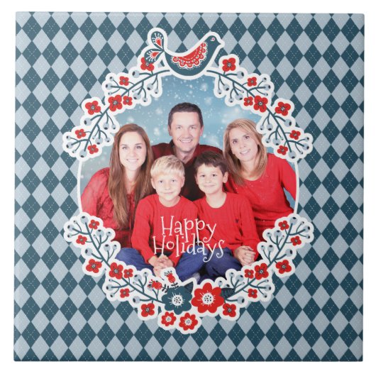 Kerstmis Lijst Voeg je foto-Winter Bird Wreate toe Tegeltje (Voorkant)