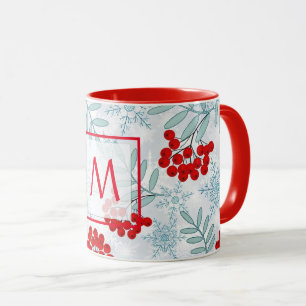 Kerstmis, Lijsterbes, rood, wit, sneeuwvlokken Kof Mok
