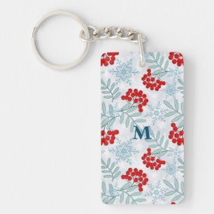 Kerstmis, lijsterbes, rood, wit, sneeuwvlokken sleutelhanger