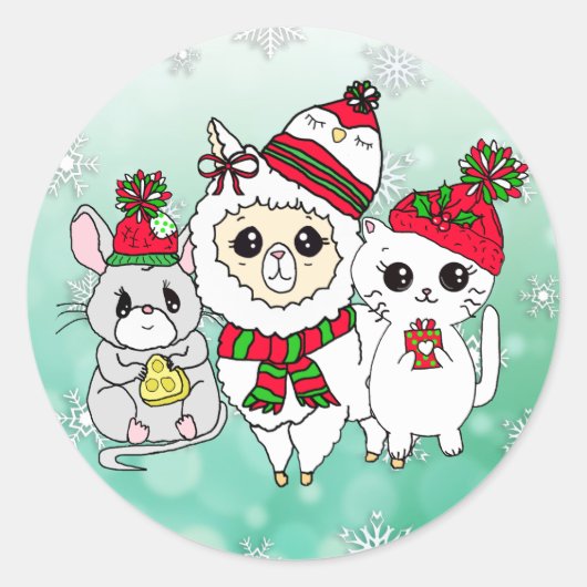 Kerstmis, Llama, Kitten en Mouse Holiday Ronde Sticker (Voorkant)