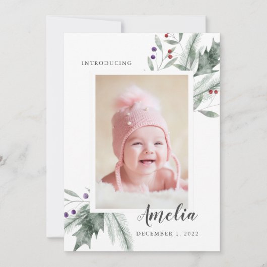 Kerstmis Loof Baby Foto Geboorte Aankondiging (Voorkant)