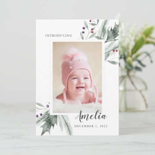 Kerstmis Loof Baby Foto Geboorte Aankondiging (Staand voorkant)