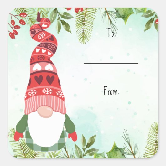Kerstmis Loof Bessen Kabouter Vierkante Sticker (Voorkant)