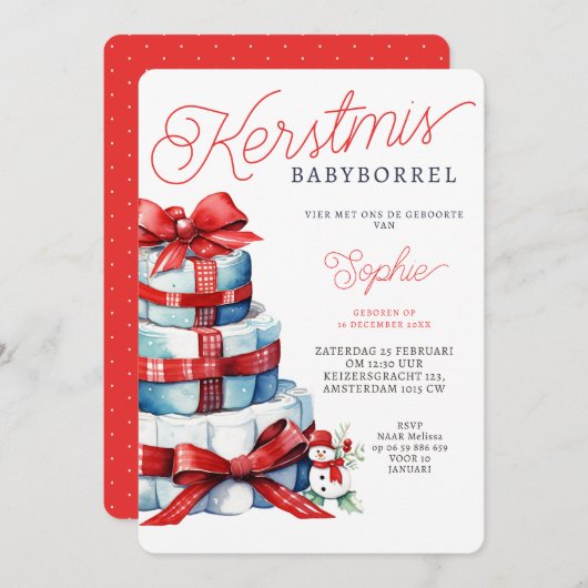 Kerstmis Luiertaart Rood Blauw Babyborrel Kaart (Voorkant / Achterkant)