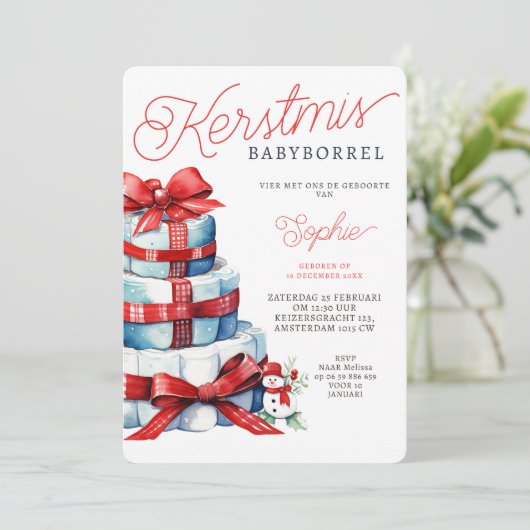 Kerstmis Luiertaart Rood Blauw Babyborrel Kaart (Staand voorkant)